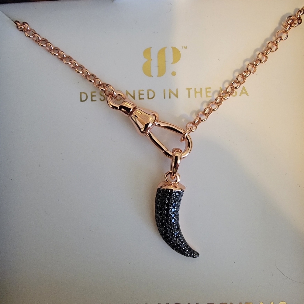 Bomb Party Black Onyx CZ Horn Necklace NK91299 Flawlessly Clawed Rose Gold